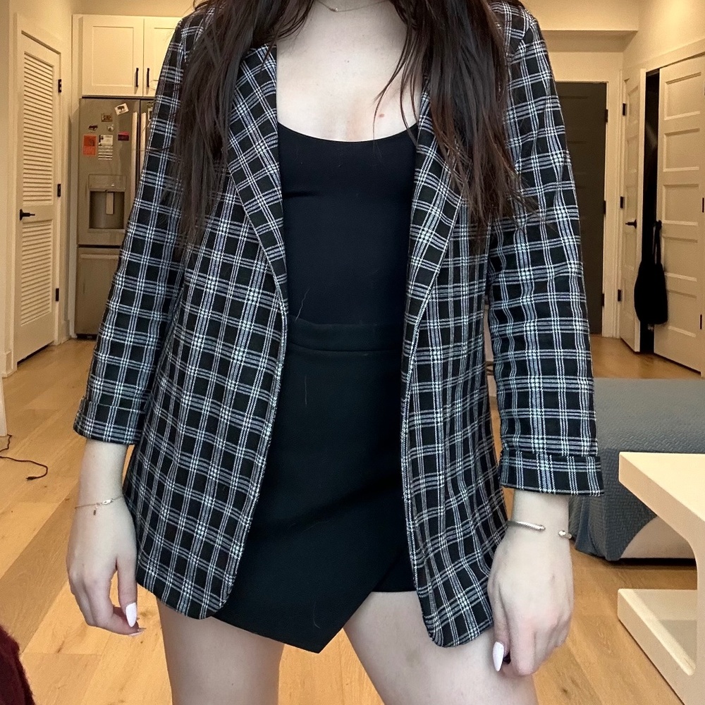 New Look Black Grey White Check Plaid Open Front Printed Blazer Jacket